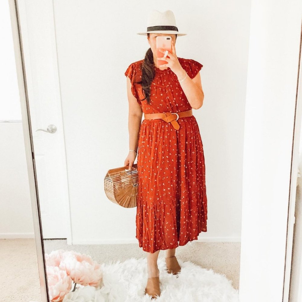 Floral Print Sleeveless High Crewneck Midi Dress